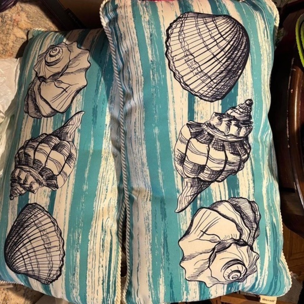 Allen + Roth Coastal Seashells Throw Pillow Set of 2 Blue Nautical Decor - Picture 2 of 3